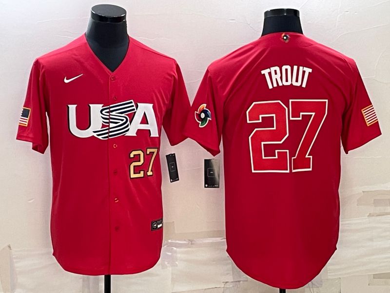Men 2023 World Cub USA 27 Trout Red Nike MLB Jersey4